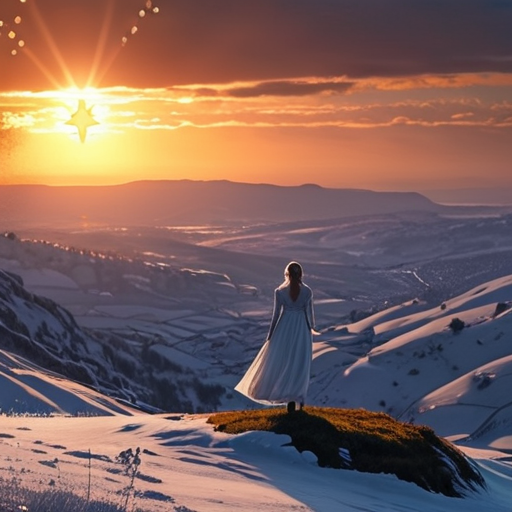 Eira standing on a hill overlooking Avalon, her figure silhouetted against the setting sun, her magic creating a small gleaming star above the serene landscape.