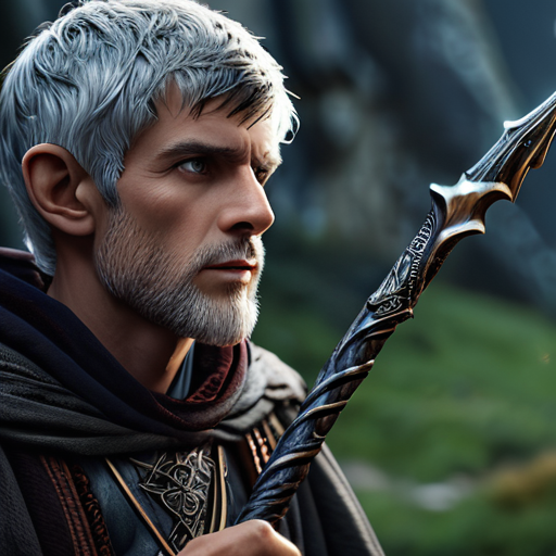 Merlin, leaning on his staff as he watches a line of fearful aspiring sorcerers. A mischievous twinkle in his eye suggests he is looking for someone unconventional.