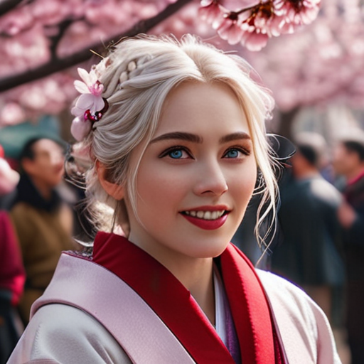 At the bustling cherry-blossom-filled fair, their eyes meet. Eira, surprised and hopeful, while Merlin, grinning, holds out a staff towards her.