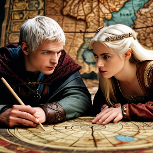 Merlin and Eira, sat around an enchanted map that displays the divided magical factions. Merlin looks serious and Eira determined, despite the fear evident in her eyes.