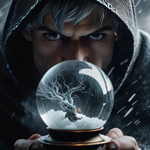 Merlin, agitated, staring at a smoking, crystal ball showing a vision of Eira engulfed by a storm of chaotic magic.