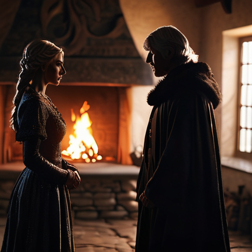 Eira and Merlin, standing before the crackling hearth, the fire casting long, dancing shadows against their serious faces, as Eira nods her agreement to face her destiny.