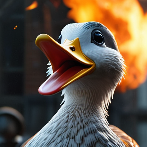 Merlin ducking as a fire-breathing duck, a result of Eira’s misfired spell, soars over his head, their shared dwelling reduced to comedic chaos.