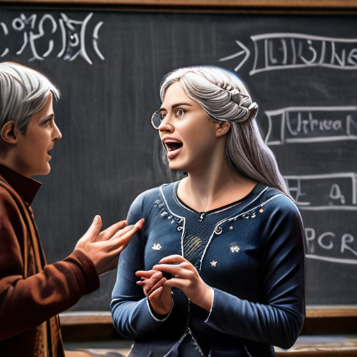 Eira, shocked and amused, drawing ludicrous visuals on a chalkboard to represent her understanding of magical politics, while Merlin facepalms in the background.