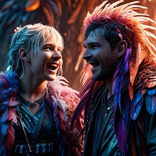 Eira and Merlin, covered in multi-colored slime and feathers, shocked and laughing, following an unexpected encounter with a protective magical barrier.