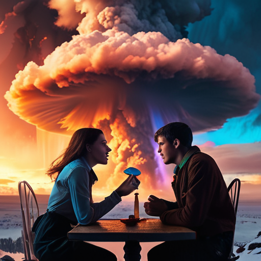 Eira and Merlin, shielded by a table, peering over at the massive mushroom cloud of rainbow smoke, expressions of shock and amusement mingling on their faces.