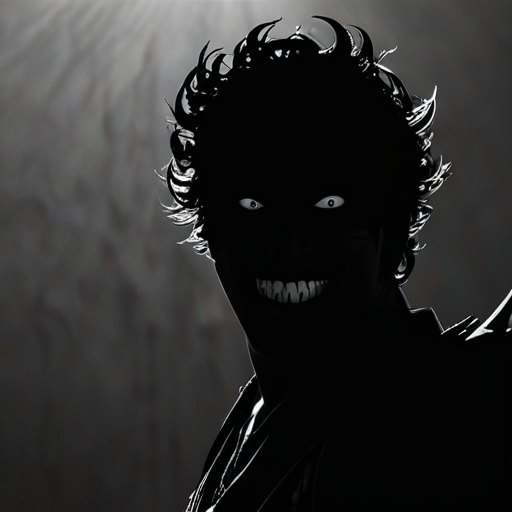 The dark silhouette of Moros emerging from a swirl of shadows, a twisted grin on his face matching the dark humor in his voice.