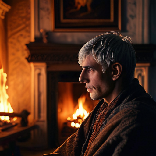 Merlin, bathed in the soft glow of the fireplace, narrating his past to a captivated Eira, the room filled with ghostly images from his past.