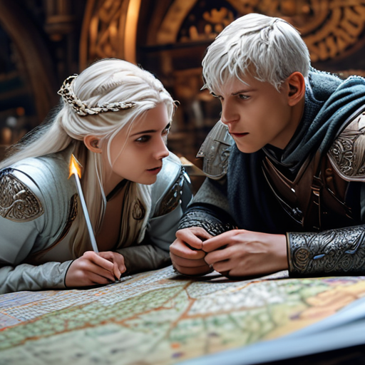 Eira and Merlin, hunched over a map of magical factions, plotting and planning, their faces intense with focus amidst the chaotic magical creatures.