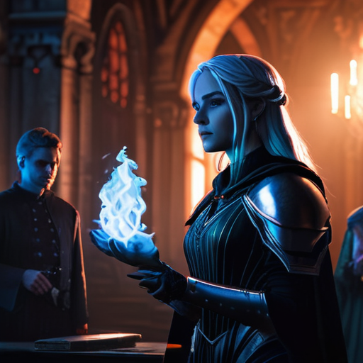 Eira, demonstrating her growing control over her powers, as leaders of magical factions watch in surprise and growing respect, the room lit by the spectral glow of her magic.