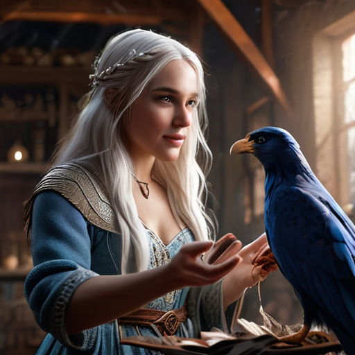 Eira, attempting to control her magic while a group of magical creatures cheers her on, Merlin providing guidance, their dwelling filled with laughter and the smell of singed feathers.