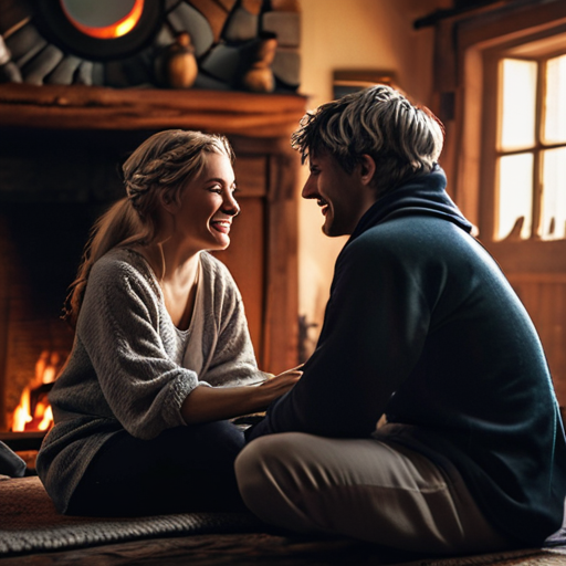 Eira and Merlin, sitting by the fireplace after a long day of planning and training, sharing a moment of quiet laughter amidst the clamor of their chaotic, magical dwelling.