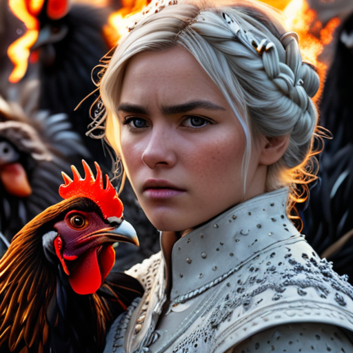 Eira, engulfed in chaotic magic, a look of intense focus on her face, as Moros struggles with a flock of flaming, squawking chickens she conjured up.