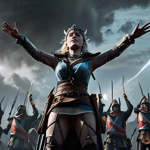 Eira, standing tall and proud, her arms raised as she controls the whirlwind trapping Moros, while the magical factions watch in awe and relief.