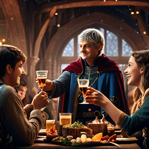 Merlin, raising a toast to Eira at a victory feast, the magical creatures cheering, the room filled with warmth and joyous laughter as Eira blushes with pride.