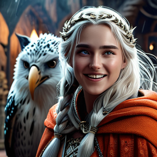 Eira, welcoming various magical creatures and faction leaders into their dwelling, her face lit with joy, as Merlin looks on approvingly amidst the familiar chaos.