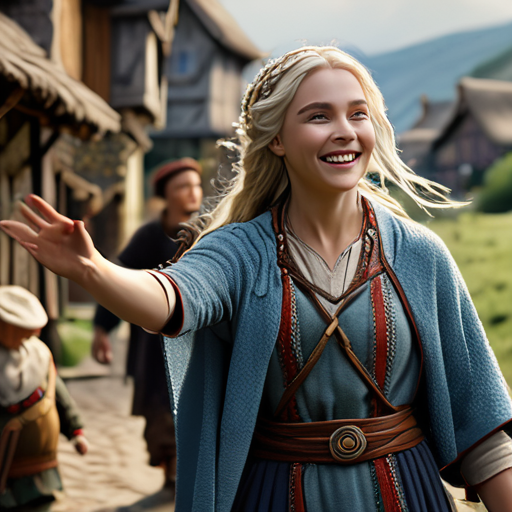 Eira, waving enthusiastically to her village folk, who now smile and cheer for her as she leaves for another lesson with Merlin.