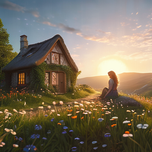 The sun shines down on a quaint little cottage nestled amidst wildflowers, with a young woman, Eira, laughing as she levitates tiny pebbles in a swirl of magical luminescence.