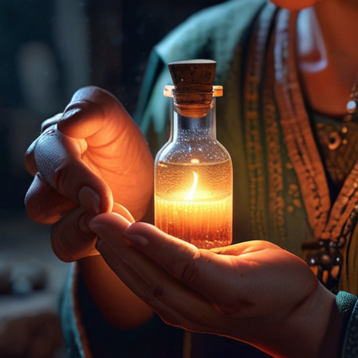 A hesitant villager accepts a glowing vial from Eira, her hands glowing with a soft, comforting light.