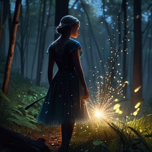 In the dead of night, Eira stands on the edge of a clearing, fireflies dancing around her as she releases a wild array of magical sparks that light up the woods.