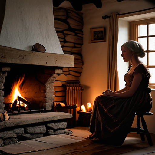 Eira, listening in rapt attention, as her grandmother spins tales of Merlin's exploits, their silhouettes thrown against the cottage wall by the flickering hearth fire.