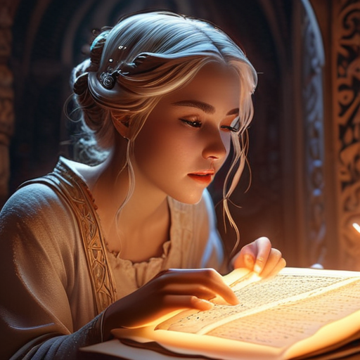 Eira, bathed in the soft glow of the magical scroll, her eyes wide in disbelief and awe as she reads the message.