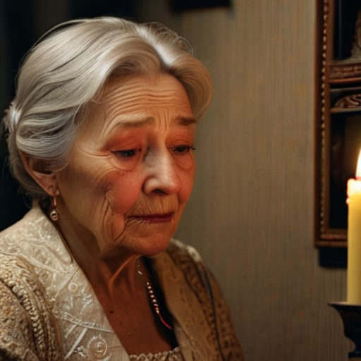 In the candle-lit room, Eira's grandmother holds her tightly, tears streaming down her face, a mix of emotions playing in her aged eyes.