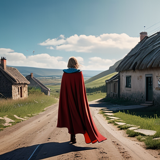 Eira, standing at the edge of her village, her cape flapping in the wind, takes one last look at her home before stepping into the unknown.