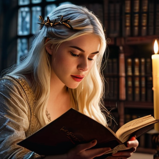 In the secret confines of Merlin's library, candlelight flickers over Eira's shocked face as she reads about the hidden magical war from a tattered tome.