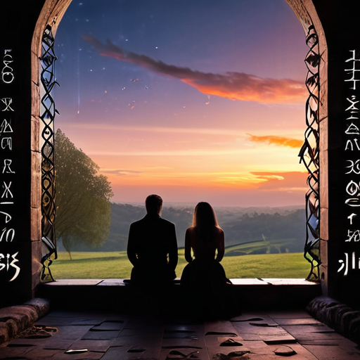 With the twilight sky as a backdrop, Merlin and Eira sit amidst the sanctuary grounds, their silhouette illuminated by a wall of ethereal runes conjured by Merlin.