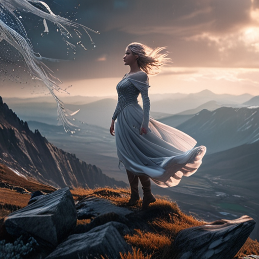 Eira, standing tall on a mountain edge, looks onto the horizon, her face hardened with resolve, her chaotic magic swirling around her in a controlled dance.