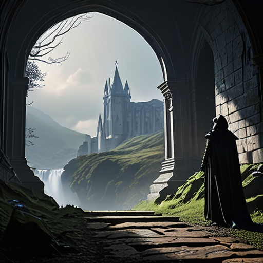 A group of shadowy figures breach the sanctuary's barrier, their malicious intent washing over the tranquil landscape, as Eira stands ready with Merlin by her side.