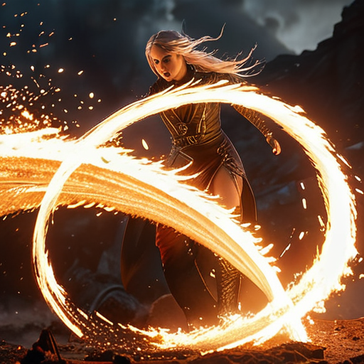 In a whirl of fiery magic, Eira faces off against the invaders, the raw power within her creating a spectacle of destruction and beauty.