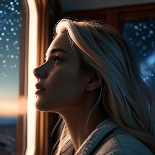 Eira, alone in her chambers, gazes at the vast starlit sky, her face a canvas of turmoil and self-doubt.