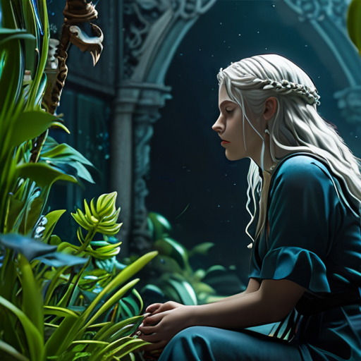 In the stillness of the sanctuary's garden, Eira is seen lost in thought, trapped between the devil and the deep sea.