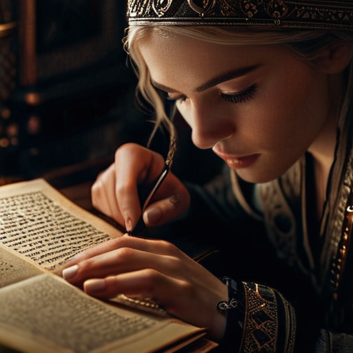 Eira, under the dim candlelight, pores over forbidden magical texts, a feverish glint of desperation in her eyes.