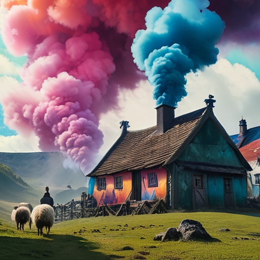 A rustic village engulfed in a cloud of colorful smoke, with Eira at its epicenter, looking sheepish as around her things levitate, transform or disappear, while an intrigued Merlin watches.