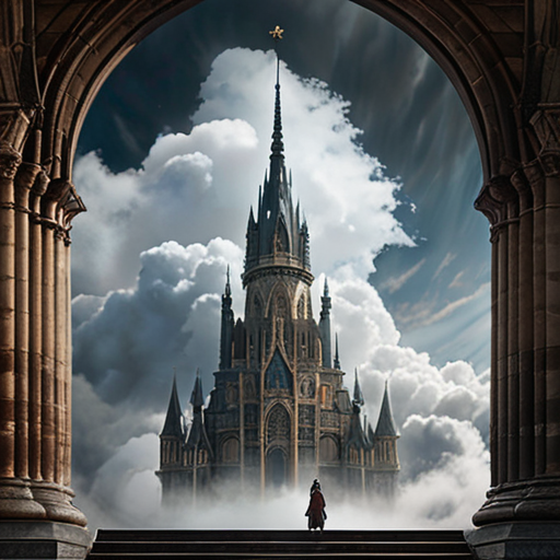 A towering spire piercing through the low-hanging clouds, with Merlin leading a wide-eyed Eira through a grand entrance, the interior shimmering with magical enchantments.