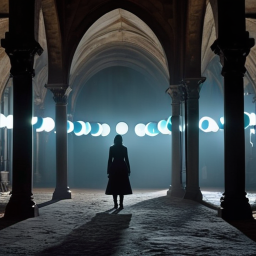 Eira, in a cavernous hall lit by magical orbs, stares at the silhouette of 'The Silent One', emanating a mysterious aura from within the shadows.