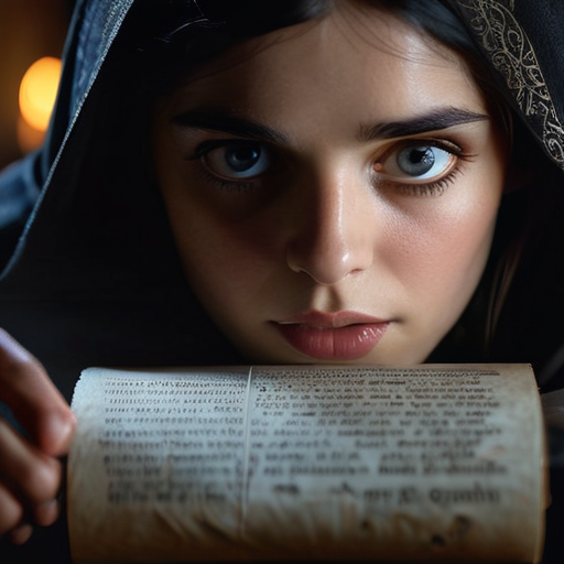 Merlin, with a serious gaze, unraveling a magical scroll depicting dark figures encircling a girl resembling Eira, her eyes reflecting fear and determination.