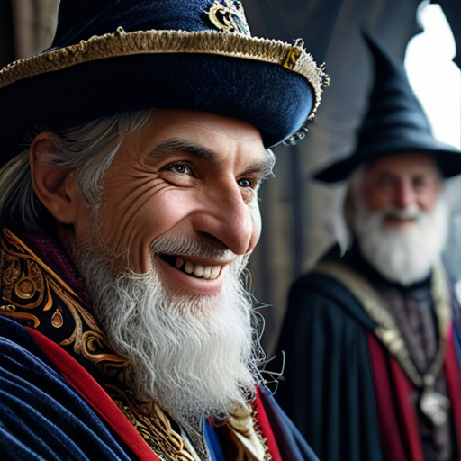 Merlin, with a sardonic smile, conjures illusions of pompous wizards, their absurdly lavish attire and exaggerated actions causing Eira to giggle despite the underlying seriousness.