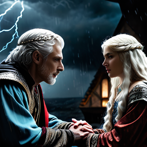 An intense discussion between Eira and Merlin, with a magical storm brewing outside, reflecting their inner turmoil.