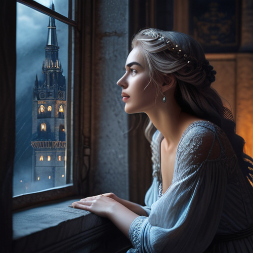 Eira sitting on a window ledge, staring at the moonlight filtering through the swirling mist surrounding the tower, her eyes lost in deep thought.