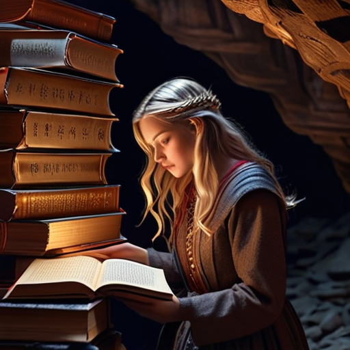 Eira, illuminated by magical lanterns, uncovers a mountain of forbidden books in a hidden alcove, her face a mix of shock and fascination.