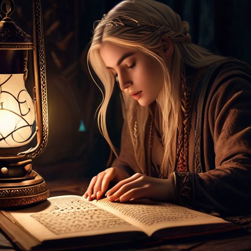 Eira, bathed in the faint glow of a magical lamp, tracing her fingers over the ancient runes of a forbidden spellbook.