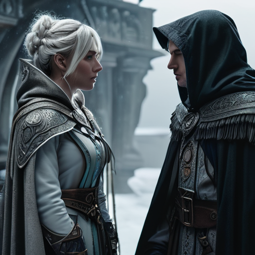 A tense meeting between Eira and The Silent One, with Eira's spell ready for launch, and The Silent One, impassive, shrouded in his customary cloak.