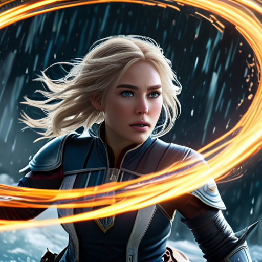 Eira in the center of a magical maelstrom, her eyes glowing with newfound power as she successfully directs a volley of spells, earning awed looks from the rebels.