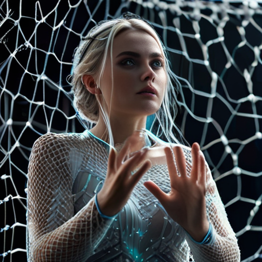 Eira, despite her captivity, glares defiantly at the enforcers from within the magical net, her hands still glowing with residual magic.