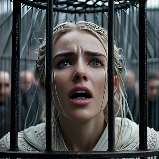 Eira, captive in a magical cage suspended over a large crowd, her face contorted in pain but her eyes bright with defiance.