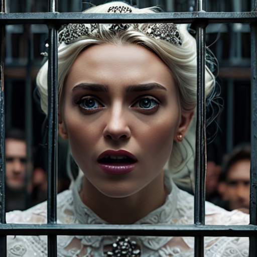 Eira in the cage, suddenly radiating magical energy that disrupts the ceremony, the shocked expressions of onlookers and the chaos offering a stark contrast to the expected order.